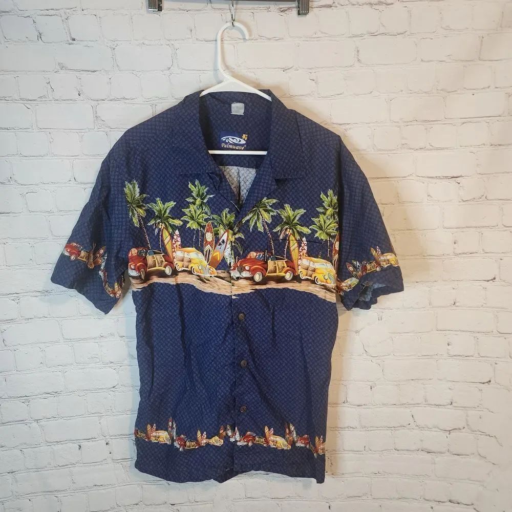 Men's Palmwave Blue Hawaiian Shirt with Tropical Design, Size Large